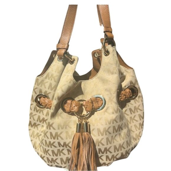 Michael Kors Logo Hobo Tote Shoulder Bag –Braided Grommet Handle Beige Canvas - Picture 2 of 13